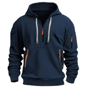 Venta al por mayor de gran tamaño media cremallera Color sólido con capucha múltiples bolsillos pulóver hombres sudaderas con capucha de alta calidad Casual sudaderas con capucha deportivas - Product Image 3