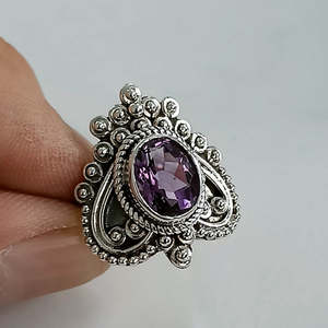 Natural Amethyst <b>Boho</b> <b>Ring</b> Handmade Sterling Silver Statement Heartshape with Oval Cut Diamond Birthday Anniversary Gift for Her - Product Image 5