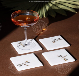 Posavasos cuadrados de mármol blanco con delicado incrustado de concha de libélula. Elegancia atemporal. Disponible a precios de mayoreo. Tienda. - Product Image 1