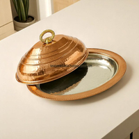 Plateau dôme rustique en cuivre martelé avec deux poignées, support de plat, ensemble de plats couverts classique et écologique, intérieur étamé, compatible induction