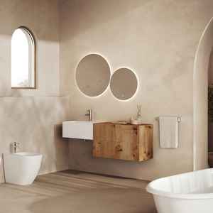 Meuble de salle de bain mural de 140 cm avec 4 tiroirs et lavabo blanc, ensembles de salle de bain Rota en chêne doré - Product Image 1
