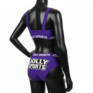 Ensemble de bikini pour femmes, 180 GSM, polyester, élasthanne, extensible, panneau en maille violette, patch en chenille, logo personnalisé, bikinis pour femmes - Product Image 5