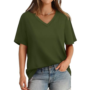 Camisetas informales de verano para mujer, verde oliva militar, venta al por mayor, camisetas de manga corta, decoración bordada, lona transpirable, estilo con cuello en V - Product Image 1