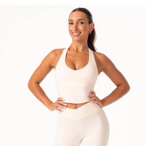 ชุดฟิตเนส2ชิ้นสำหรับผู้หญิงชุดกางเกงขาบานเอวสูงสีงาช้างออกแบบได้ตามต้องการ - Product Image 1