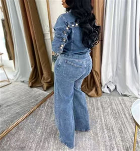 Conjunto de Chaqueta Vaquera de Manga Larga con Botones y Pantalones Vaqueros de Pierna Ancha de Cintura Alta para Mujer, Diseño Sólido, Relleno de Algodón, Atuendos Casuales - Product Image 2