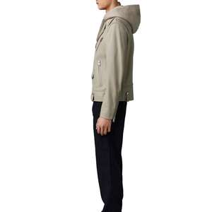 Blouson en cuir pour homme de qualité supérieure, en cuir véritable et toile, style moto et motard, avec capuche et logo personnalisé sur le devant, idéal pour l'hiver. - Product Image 2