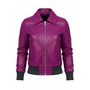 Blouson d'hiver épais imperméable en coton violet pour femme avec col montant et bordure côtelée grise, imprimé au dos - Product Image 2