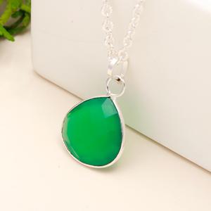 925 Sterling <b>Silver</b> Pendant Necklace with Green Onyx Gemstone 18 Inch Ethnic Handmade Jewelry Plated with Heart Pattern Gift - Product Image 4