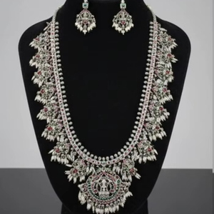 Dieu Laxmi pendentif Guttapasalu oxydé argent Long collier fantaisie fête porter Temple bijoux ethnique indien femmes collier ensemble - Product Image 1