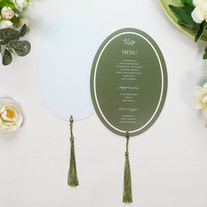 Menu de table en acrylique à thème vert de forme ovale élégante avec décoration imprimée et gland pour événement de <span class=keywords><strong>mariage</strong></span> - Product Image 3