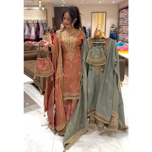 Nouveau Style de Luxe Créateur Entièrement Cousu Prêt à Porter Pure Chinnon Silk Full Sleeve Top Kurti Palazzo Dupatta Ensemble pour Femmes - Product Image 1