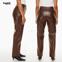 Jeans de Cuero para Mujer, Nueva Tendencia, Cintura Media, Pierna Recta, Color Marrón, Estilo Vintage, Casual, Bordado, Ecológico, Impermeable 2024