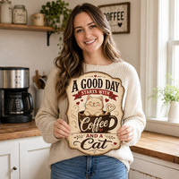Décoration murale rétro avec citation sur le café et les chats : Une bonne journée commence avec du café et un chat, pour cuisine, café, bar, en métal gaufré, style campagnard