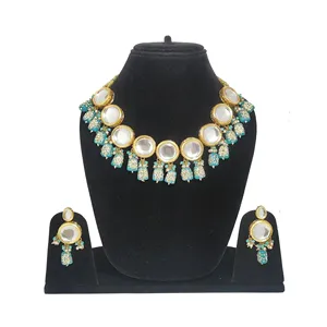 Blue Kundan Necklace Set with Gold Plated <b>Earrings</b> Luxury Fine Jewelry for Weddings Stainless Steel with <b>Studded</b> Beads - Product Image 1