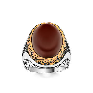 Anello da uomo in argento con motivo intrecciato in oro e pietra di ambra rossa - Product Image 3