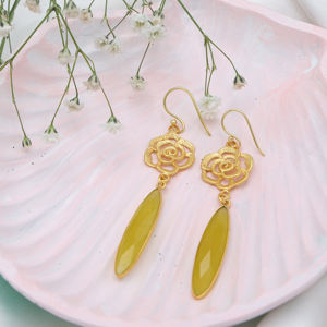 DUA Women's Trendy Brass Yellow <b>Jade</b> Flower Drop Earrings 18K Gold Plated Wedding <b>Jewelry</b> - Product Image 2