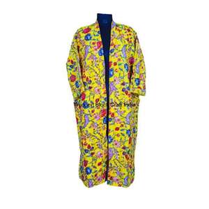 Handmade <b>Women's</b> Kantha Quilted Winter Long Jacket 100% Organic Cotton Floral Print Bohemian Style <b>Belt</b> Closure - Product Image 1