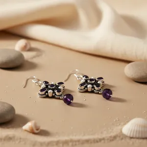 925 <b>Silver</b> Earrings with Gold Plated Amethyst Drop Vintage Religious Gemstone Jewelry for Women for <b>Wedding</b> and Party Gift - Product Image 1