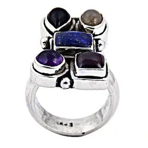 Bague Bohème à Grappes avec Pierres Naturelles d'Améthyste, de Lapis Lazuli et de Grenat, Plaqué Argent Antique, Design Géométrique, Bijou Unisexe - Product Image 2