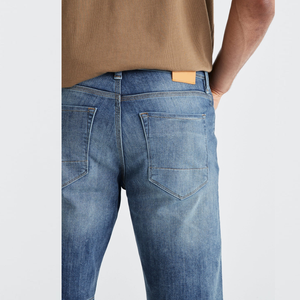 Custom Vintage Washed Blue Denim <b>Shorts</b> for <b>Men</b> Embroidered <b>Leather</b> Patch Mid-Waist From Bangladesh - Product Image 2