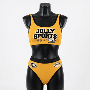 ชุดบิกินี่ผ้าริบโพลีเอสเตอร์ผสมสแปนเด็กซ์พรีเมียม สีเหลืองดำตัดต่อ แต่งลายปักเชนิลล์ ชุดว่ายน้ำสำหรับผู้หญิง - Product Image 3