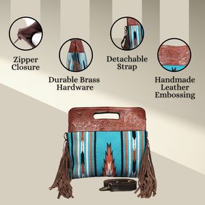 Sac fourre-tout en cuir gaufré turquoise à imprimé aztèque de style occidental pour femmes Sac à bandoulière durable avec fermeture à glissière - Product Image 3