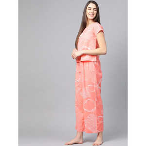 Geomatrical ชุดนอนผ้าฝ้ายสีชมพูพิมพ์ลายสำหรับผู้หญิงชุดกลางคืนระบายอากาศได้มีกระดุมเอวยางยืดปรับแต่งโลโก้ได้ - Product Image 2