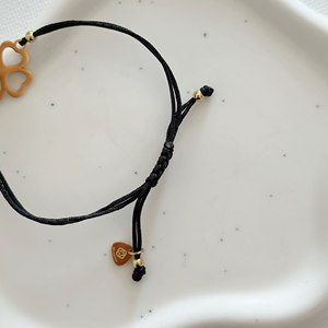 Adjustable Bohemian Black Cord <b>Bracelet</b> with Four-Leaf Clover <b>Charm</b> Beaded Stainless Steel Jewelry featuring Pearl Main Stone - Product Image 2