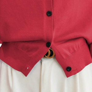 Womens Red Knit <b>Cardigan</b> <b>Sweater</b> Long Sleeve Button Front Neck Casual Simple Winter Smart Top Office Daily Wear Style Fits - Product Image 6