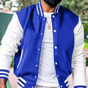 Chaqueta Estilo Universitaria Azul Rey y Blanca para Hombre, Ribete Acanalado a Rayas, Cierre de Botones a Presión, Moda Urbana Premium - Product Image 2