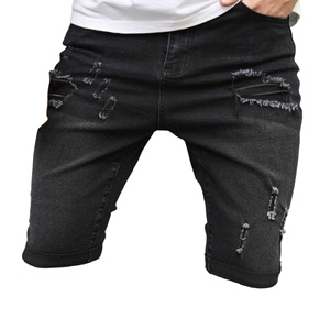 Parche bordado con apliques, ninguno, pantalones cortos de mezclilla holgados elásticos, pantalones vaqueros de gran tamaño, pantalones cortos de mezclilla desgastantes con lavado ácido para hombres - Product Image 1
