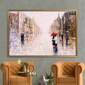ภาพพิมพ์บนผ้าใบ: คู่รักกับร่มสีแดงในทิวทัศน์เมือง,1P:กรอบสีทอง - Product Image 1