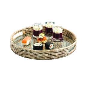 Atractivo diseñador dorado antiguo acabado Metal y vidrio comida café bandeja para servir en frío forma redondeada comida ensalada y fruta - Product Image 4