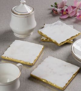 Set of 4 White <b>Marble</b> <b>Coasters</b> Artisan Craft with Gold Foiling Square Design Mats & Pads - Product Image 3