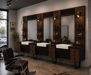 Decorsall Model 85 Luxury 3Person Barber Styling Station Wood Wall <b>Panels</b> Ceramic Sinks Storage Shelves Drawers Salon Furniture - Product Image 4
