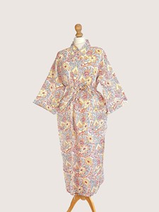 Bata Larga Estampada Floral para Mujer con Cuello Mandarín, Manga Tres Cuartos, 100% Algodón Suave, Estilo Casual de Primavera con Cordón Ajustable - Product Image 1