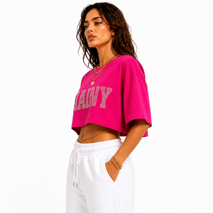 Oversized Crop <b>Top</b> Women <b>Rhinestone</b> Embellished T Shirt Loose Fit Cotton Cropped Tee Streetwear Fashion Summer Wear - Product Image 3