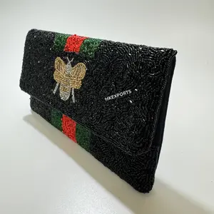 Exquisite Handcrafted Black & Gold Beaded Clutch with Delicate Bee Motif Elegant Artisan-Made Evening Bag for Special Occasions