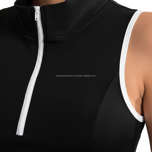 เสื้อครอปแขนกุดคอสูงสำหรับผู้หญิง แบบซิปครึ่งตัว ทรงสลิมฟิต บราในตัว แต่งขอบตัดกัน เหมาะสำหรับโยคะและออกกำลังกาย - Product Image 4