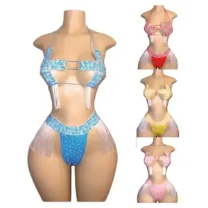 Sexy kỳ lạ dancewear Đen STRAPPY BRA Set Spandex vũ nữ Thoát y quần áo cực vũ công trang phục thiết lập với mini trở lại ren lên váy Gar