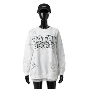 <b>Women</b> Oversize <b>Sweatshirt</b> cotton fleece <b>white</b> with sleeve panels custom logo rhinestone heat press <b>Women</b> breathable <b>Sweatshirts</b> - Product Image 1