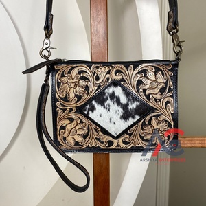 Western <b>Hand</b> Tooled Genuine Leather <b>Mini</b> Bag With Floral Carving Checkered Cowhide Leather Women Crossbody Sling Wristlet Purse - Product Image 1