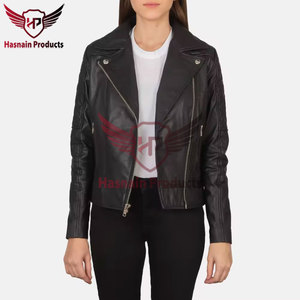 Womens Real Black Leather Biker <b>Jacket</b> Asymmetric Zip Lapel Collar Quilted Sleeve Sheepskin Coat Zip Pockets Slim Outwear New - Product Image 4