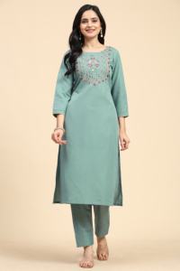 Trendmalls femmes vert clair ethnique Salwar costume ensemble coton mélangé Kurta pantalon broderie Dupatta (G211) pour mariage coupe régulière - Product Image 4