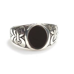 925 Sterling Silver Men's <b>Ring</b> with <b>Turquoise</b> Oval Onyx and Geometric Pattern Bezel Set and Rhodium Plated for Everyday Wear - Product Image 2