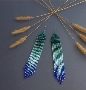 <b>Emerald</b> Green Long Beaded Earrings Chandelier Earrings Seed Bead Earrings - Product Image 2