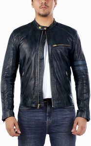เสื้อแจ็กเก็ตหนังสีดำสำหรับผู้ชาย, เสื้อแจ็กเก็ตมอเตอร์ไซค์สไตล์นักแข่งรถหนังแกะแท้สำหรับผู้ชาย - Product Image 3