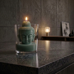 Vela Aromática en Frasco de Vidrio con Estatua de Buda NF, Cera de Soya, Buda Verde Esculpido, Decoración para el Hogar, Etiqueta Privada, Color y Aroma Personalizados - Product Image 1