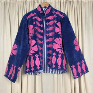 Boho Chic Retro Chic Free Size Robe Hand Embroidered Blue Floral Velvet Suzani <b>Jacket</b> Open Front Winter Coat Soft Free Size Robe - Product Image 4