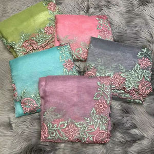 ผ้าส่าหรีผ้าไหมออร์แกนซ่าเนื้อนุ่มงานปักแบบดั้งเดิมงานตัดขอบสไตล์ปากีสถานสำหรับงานเลี้ยงงานแต่งงาน - Product Image 1